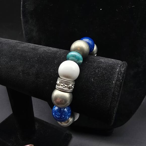 Liz Claiborne Blue Silver Tone Beaded Necklace Bracelet Set Vintage With Tag - Picture 6 of 10